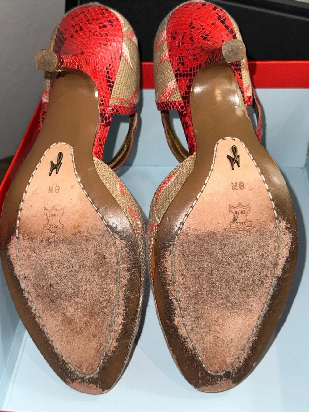 Beige Woven Heels with Red Floral Trim - Women's T-Strap Pumps